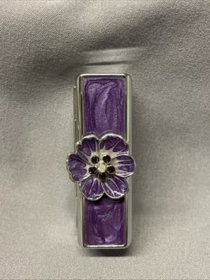 Pocket Compact Silver Tone Metal Enamel, Jeweled Hinge Lipstick Holder NOS
