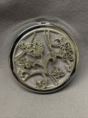 Pocket Compact Silver Tone Metal Enamel, Jeweled Hinge Mirror VTG NOS