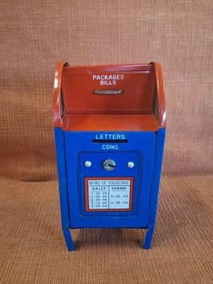 Large 7" Tall Metal Bank Red/White/Blue Vintage 1970 U S MAIL BANK No Key