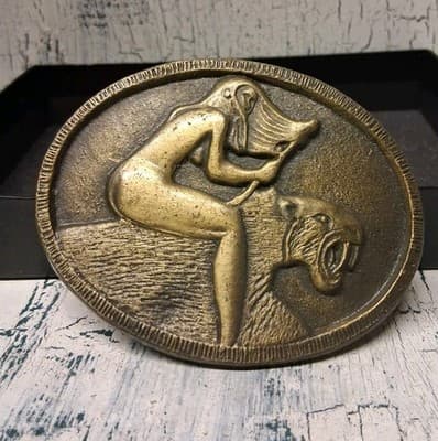 Vintage Western Belt Buckle Woman Riding Saber-Toothed Tiger Mythological Rare