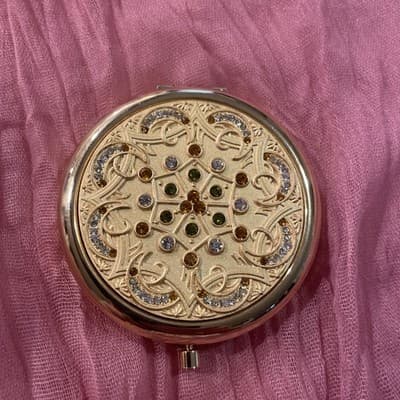 Pocket Compact Silver Tone Metal Enamel, Jeweled Hinge Mirror VTG NOS