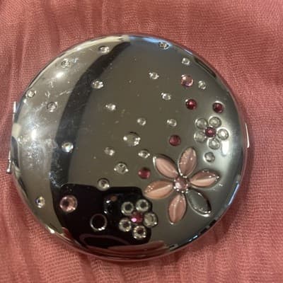 Pocket Compact Silver Tone Metal Enamel, Jeweled Hinge Mirror VTG NOS