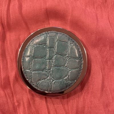 Pocket Compact Silver Tone Metal Enamel, Jeweled Hinge Mirror VTG NOS
