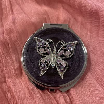 Pocket Compact Silver Tone Metal Enamel, Jeweled Hinge Mirror VTG NOS