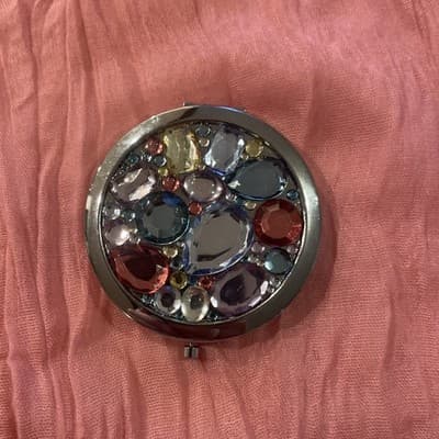Pocket Compact Silver Tone Metal Enamel, Jeweled Hinge Mirror VTG NOS