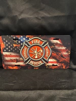 Collectible Licensed Fire Rescue Logo on U.S. Flag License Plate