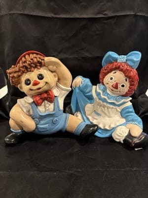 Set of 2 Large Ceramic Raggedy Ann & Andy Figures Figurines (E38)