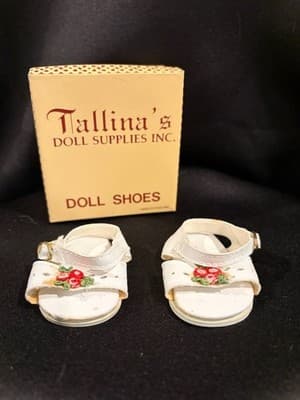VTG Doll Shoes White With Pink & Green Floral Design 3.25" Sole Length
