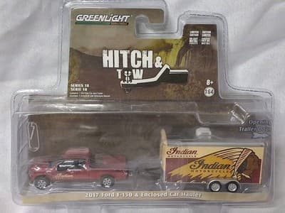 Rare Greenlight Hitch & Tow 2017 Ford F-150 & Car Hauler Indian Motorcycle 🏍