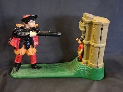 VTG William Tell Shoots Apple Mechanical Coin Bank Classic Iron WORKING ORDER