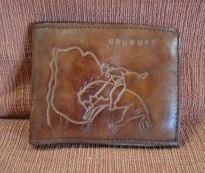 Vintage Brown Leather Fold Wallet With Hunting Animal, Uruguay 🇺🇾