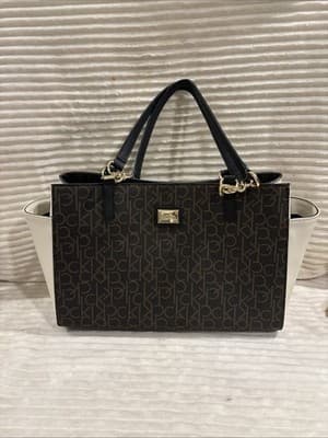 CALVIN KLEIN Brown Signature CK Chain Handle Medium Tote Off White Colorblock