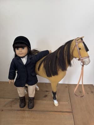 American Girl Doll In Gear Horseback Riding Outfit & Saddled Horse Beige