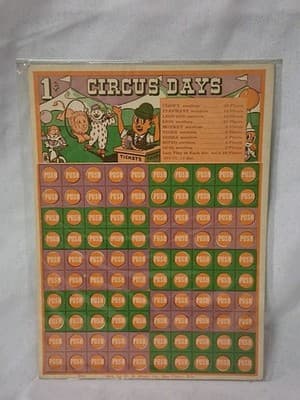 Early Gambling Memorabilia Punch Card "CIRCUS DAYS" by W.H. Brady Co., Sealed