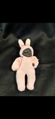 Vtg Black African Vinyl Faced Stuffed Pink Bunny Fur Body Baby Doll