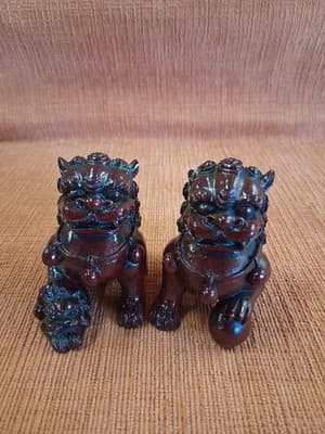 Feng Shui Pair of 2" Red Resin Fu Foo Dogs Guardian Lion Ying Yang Energy Set