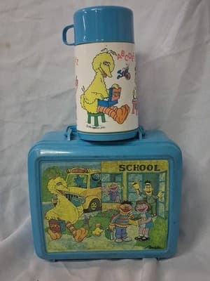 Vtg Blue Sesame Street Lunch Box Complete with Thermos