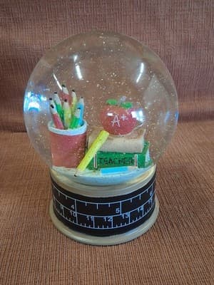 Teach Apple, A+, Books, Pencils, & Slide Rule Snow Water Globe Very Clear!