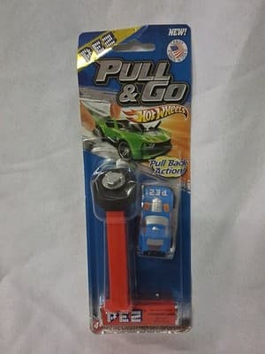 Retired Pez Candy Dispenser Hot Wheels Pull & Go Action Dispenser Blue Car