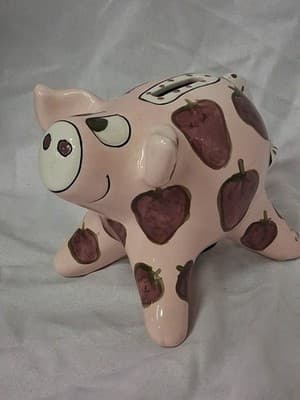 Ganz Whimsical Handpainted Ceramic Piggy Bank Strawberries Signed 6.5” X 8”