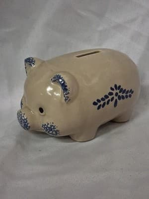 Vintage Folksy Country Blue Decorated Ceramic Piggy Bank