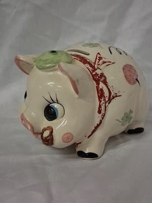 Vtg 1961 Ceramic Hand Painted Piggy Bank Pig Smoking Pipe Shamrocks Design ☘️