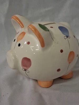 Ceramic Piggy Bank Pig Multicolored Polka Dots Balloons Design Hand Painted USA