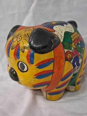 Mexican Talavera Hand Painted Piggy Bank Clay Colorful Folk Art