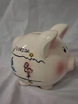 Florida Pig Piggy Bank Ceramic with Sailboat Stars Flamingo Palm Tree Alligator