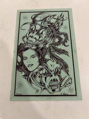 Rare Original Fantasy Art Drawing Sketch Design Green Back Multi Face Portrait