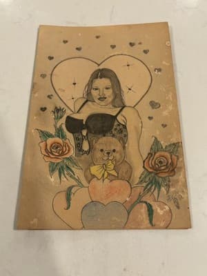 Rare Original Sexy Girl Teddy Bear Fantasy Art Valentine Card Drawing Sketch