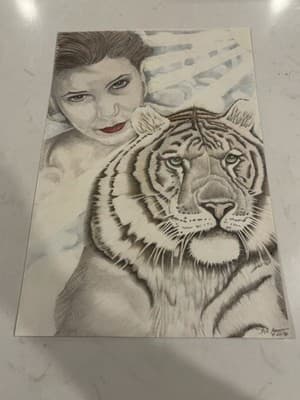 Vtg Woman & Tiger Rare Original Sexy Fantasy Art Drawing Sketch Artist Signed
