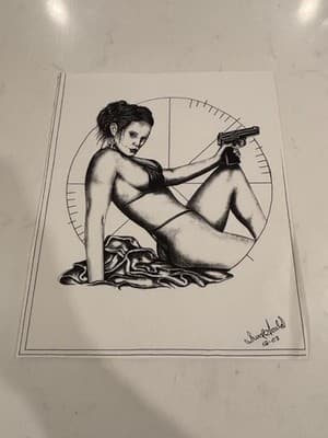 Sexy Woman With Gun Fantasy Art Drawing Sketch Artist Signed Gould 2001