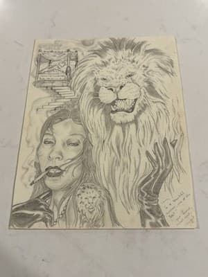Vtg Woman & Lion π¦ Rare Original Sexy Fantasy Art Drawing Sketch Artist Note