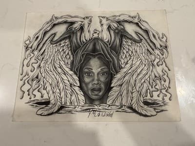Rare Original Abstract African Woman Fantasy Art Drawing Sketch Artist Signed