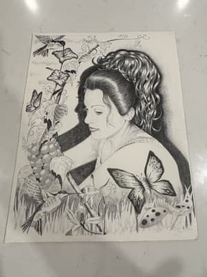 Rare Original Sexy Fantasy Girl Floral Art Drawing Sketch Black White Draft