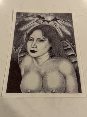 Unique Original Sexy Chested Woman Fantasy Art Drawing Sketch Artist Signed