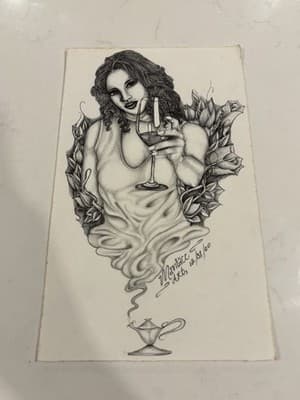 Rare Original Sexy Woman Holding Glass Art Drawing Sketch Artist Signed 12/31/00