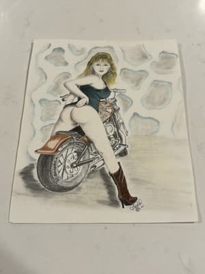 Rare Super Sexy Woman On Harley Art Drawing Sketch Artist Signed Irwin Gould