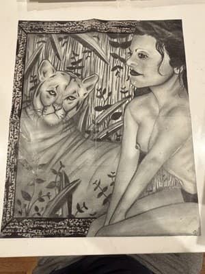 Rare Sexy Woman With Lion Original Fantasy Art Drawing Sketch Portrait