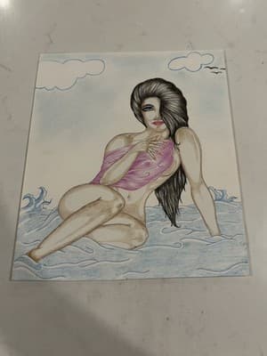 Sexy Woman Beach pink Lingerie Fantasy Art Drawing Sketch Print
