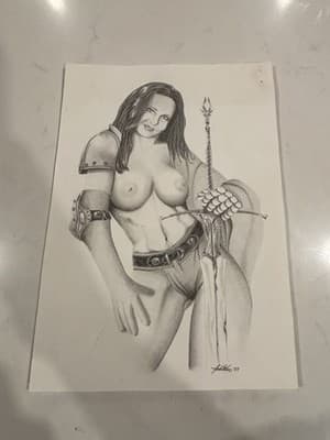 🗡 Woman Sword Rare Original Sexy Fantasy Art Drawing Sketch Artist Signed 2007