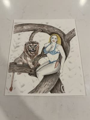 Lady And Lion Rare Original Sexy Fantasy Art Drawing Sketch