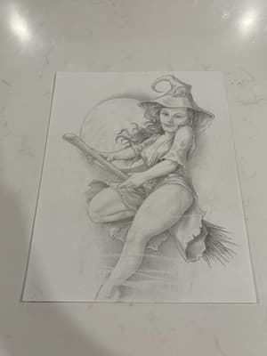 Original Sexy Witch On Broom Fantasy Art Drawing Sketch Artist Signed 2001