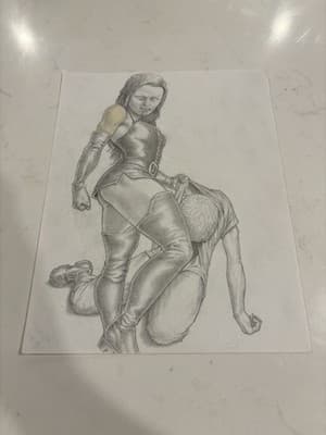 Rare Original Sexy Girl Holding Man Fantasy Art Drawing Sketch Artist Signed