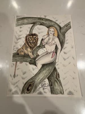 Rare Original Sexy Girl With Lion Fantasy Art Drawing Sketch Artist Signed