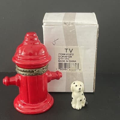 Fireman Fire Hydrant Plug Hinged Ceramic Trinket Box with Dalmatian