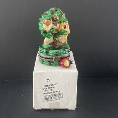 Vintage Metal Hinged Trinket Box Adam and Eve by Apple Tree with Apple Insert