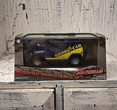 GREENLIGHT 86080 2016 JEEP WRANGLER UNLIMITED ROOF RACK GOOD YEAR 1/43 BLUE