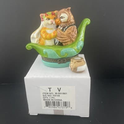 Vintage Hinged Trinket Box Owl & Pussycat In Boat With Mini Honey Pot